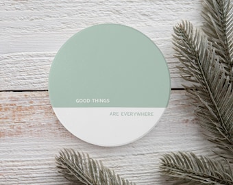 Minimalist Green and White Ceramic Coaster with Quote | Personalised Custom Text Gift