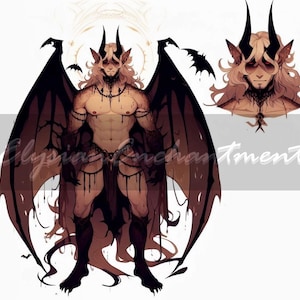 Puede incluir: Ilustración digital de una figura musculosa con alas oscuras, cuernos y rasgos de murciélago. La figura tiene cabello largo y claro y está adornada con accesorios oscuros. La imagen incluye el texto "Elysian Enchantments".