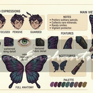 May include: Digital illustration of a character with butterfly wings, showcasing various views and details. The character has dark hair and is wearing armor. The image includes notes, features, and a color palette.