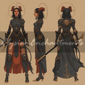 Puede incluir: Ilustración de un personaje con armadura oscura con detalles dorados, un vestido largo negro y detalles rojos. El personaje tiene cuernos y un halo. La imagen es una vista frontal, lateral y trasera.