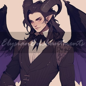 May include: Illustration of a character with dark hair, horns, and wings, wearing a black suit with a white shirt and bow tie. The character has pointed ears and purple eyes. The text "Elysian Enchantments" is visible.