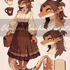 May include: A brown and tan dragon-like character with brown hair and a tail. The character is wearing a white blouse with lace trim, a brown skirt, and brown shoes. The character is holding a brown briefcase and has a book open in front of them. There are two mugs in the background, one with a brown and white design and the other with a brown and white design with a bear on it.