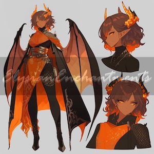 Puede incluir: Ilustración digital de un personaje con cabello castaño, cuernos naranjas y grandes alas negras. El personaje viste un atuendo naranja y negro con detalles intrincados. La imagen incluye múltiples vistas del personaje, mostrando el diseño desde diferentes ángulos.