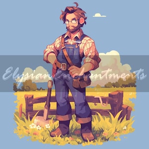 May include: A cartoon illustration of a person wearing a plaid shirt, overalls, and a brown leather belt. They are holding a shovel and standing in a field with a wooden fence.