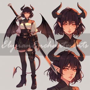 Puede incluir: Ilustración digital de un personaje femenino con cabello oscuro, cuernos y alas, sosteniendo una espada. Viste un atuendo blanco y negro con falda, botas y guantes. También se muestran dos retratos adicionales de cabeza y hombros.