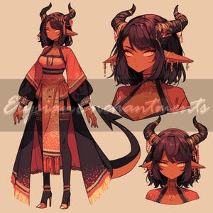 Puede incluir: Ilustración digital de un personaje femenino demonio con piel oscura, cuernos y cola. Viste un atuendo rojo y negro con detalles dorados. La imagen incluye retratos en primer plano de la cara del personaje.