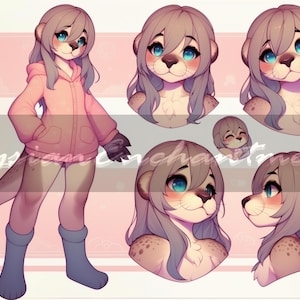 Pode incluir: Ilustração digital de um personagem semelhante a uma foca, com pelo castanho claro, olhos azuis e um moletom rosa com capuz. A imagem inclui variações de corpo inteiro e close-up, mostrando o design e as expressões do personagem.