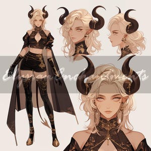 Puede incluir: Ilustración digital de un personaje con piel pálida, cabello rubio y grandes cuernos negros. El personaje viste un atuendo negro con detalles dorados, que incluye un top corto, pantalones cortos y botas altas. Una larga capa negra y guantes completan el look.