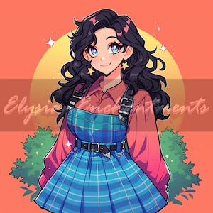 May include: A digital illustration of a young woman with long dark hair, wearing a pink shirt, a blue and white plaid dress with black straps, and a black belt. She has blue eyes and is smiling. The background is a peach color with a yellow sun.