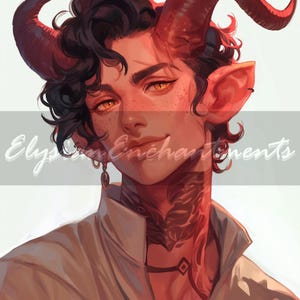 Puede incluir: Retrato de arte digital de un personaje con piel, cuernos y ojos rojos. El personaje tiene cabello rizado oscuro, un tatuaje en el cuello y lleva una camisa blanca. El texto "Elysian Enchantments" está en la imagen.