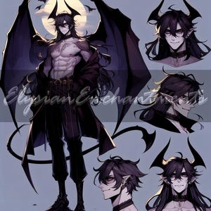 May include: Digital illustration of a dark-haired character with horns, wings, and a long coat. The character is depicted in a full body pose and several headshots. The background features a moon and bats. The text "Elipian Enchantress" is visible.
