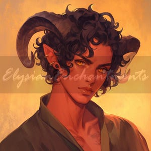 Puede incluir: Arte digital de un personaje con piel roja, cabello oscuro rizado y ojos dorados. El personaje tiene cuernos grandes, orejas puntiagudas con pendientes dorados y un piercing en el labio. El fondo es un degradado amarillo y naranja con el texto "Elysian Enchantments".