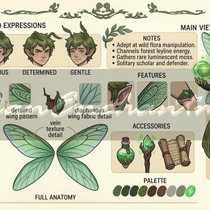 May include: Digital illustration of a fairy character with green hair and wings, wearing green and brown clothing. The image includes detailed views of the fairy's anatomy, head expressions, and accessories, such as a potion bottle and a staff.