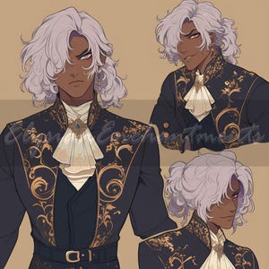 May include: Digital illustration of a person with dark skin and silver hair, wearing a black jacket with gold floral embroidery. The jacket has a white ruffled collar and a blue and gold brooch. The image has a sepia tone background.