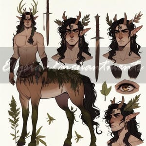 May include: Illustration of a centaur with long black hair, antlers, and a sword. The centaur has a human upper body and a horse-like lower body. The artwork features detailed facial features and is set against a neutral background.