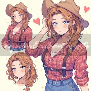 May include: A digital illustration of a woman with long brown hair styled in a braid. She is wearing a red and black plaid shirt with suspenders, a white undershirt, blue jeans, and a brown cowboy hat.