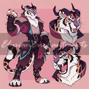 May include: Illustration of a humanoid tiger character in a burgundy and teal outfit with a white fur chest and face. The character has horns and a spotted pattern. Additional headshots are included.