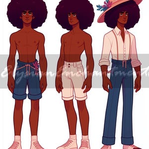 Puede incluir: Tres ilustraciones de una persona con un peinado afro que lleva diferentes atuendos. La primera ilustración muestra a la persona con pantalones cortos de mezclilla azul con un detalle de flor rosa. La segunda ilustración muestra a la persona con pantalones cortos blancos. La tercera ilustración muestra a la persona con una camisa blanca, pantalones de mezclilla azul y un sombrero de paja con flores rosas.