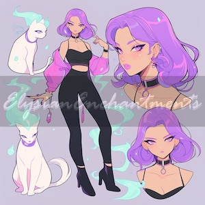 May include: Digital illustration of a woman with purple hair and a black outfit, with a pink jacket. Two white cats with teal flames are also featured. The image has the text "Elysian Enchantments".