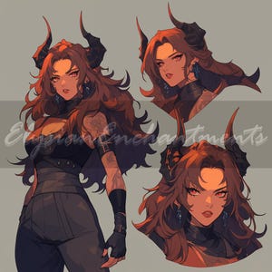 Puede incluir: Ilustración digital de una mujer con cabello castaño rojizo ondulado, ojos rojos y cuernos negros, vestida con un atuendo negro. La imagen incluye tres retratos adicionales de cabeza y hombros. El texto "Enchantments" es visible.