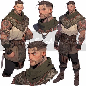 Könnte beinhalten: Eine digitale Illustration eines Mannes mit Bart und Tattoos, der ein grün-braunes gemustertes Hemd und eine Hose trägt. Er trägt eine Halskette mit einem Anhänger. Der Mann hat einen rasierten Kopf mit einem kurzen Bart und einem Schnurrbart.