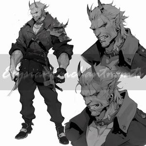 Puede incluir: Una ilustración en blanco y negro de un personaje con cuernos, que lleva una chaqueta de cuero y pantalones. El personaje tiene una expresión feroz y sostiene una espada.