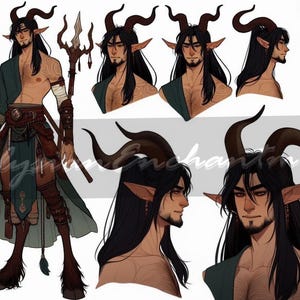 Puede incluir: Ilustración de un personaje masculino con cabello largo negro, cuernos grandes y orejas puntiagudas. Viste un atuendo verde azulado y marrón con un bastón y un tridente. También se muestran vistas adicionales de la cabeza y los hombros.