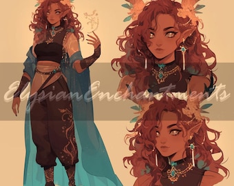 Adoptable - Magical Female Horned Elven Goddess Hunter Antlered Girl, Unique Original Character Roleplaying Reference, Adopt Artwork