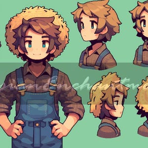 May include: A cartoon illustration of a person wearing a brown and blue plaid shirt, blue overalls, and a straw hat. The person has brown hair and blue eyes. The illustration is in a pixelated style.