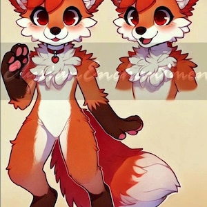 May include: Digital illustration of a cartoon fox character. The fox has red fur, a white chest, and a fluffy white collar with a heart pendant. The fox is in a standing pose, with one paw raised.