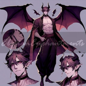May include: Digital illustration of a male demon character with large bat wings, horns, and red eyes. He wears a dark purple robe with ornate gold trim, black pants, and a red sash. The image includes close-up portraits of the character.