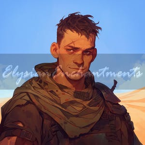 May include: Digital art portrait of a man with short brown hair, a scar on his face, and a confident expression. He wears a green scarf and dark armor, set against a desert backdrop with the text "Elysian Enchantments".