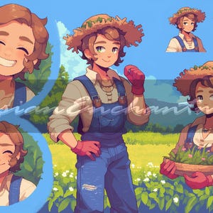 May include: A cartoon illustration of a person with brown hair wearing a straw hat with green leaves, a white shirt, blue overalls, and red gloves. The person is smiling and holding a bunch of green plants in their hands. The background is a field of green grass and white flowers.