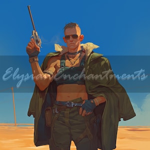 May include: A person wearing a green jacket, a black crop top, and dark green pants. They are holding a silver handgun in their right hand. The person is standing in a desert landscape with a blue sky in the background.