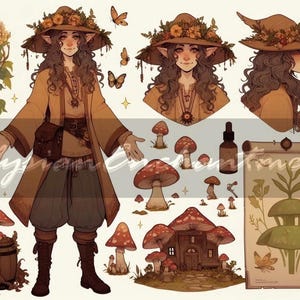 May include: Illustration of a character in a brown coat and hat adorned with flowers, surrounded by mushrooms and butterflies. The artwork has a whimsical, fantasy theme, with a detailed drawing style and a warm color palette.