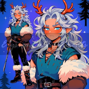 May include: A digital illustration of a person with long white hair and red antlers. They are wearing a blue shirt with a white fur collar, black trousers, and brown boots. The background is a dark blue with stars.
