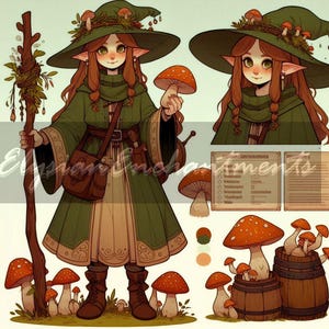 May include: An illustration of a character in a green cloak and hat, holding a mushroom. The character has long red hair and is surrounded by mushrooms. A wooden staff and a brown satchel are also present. The image has a whimsical, fantasy theme.
