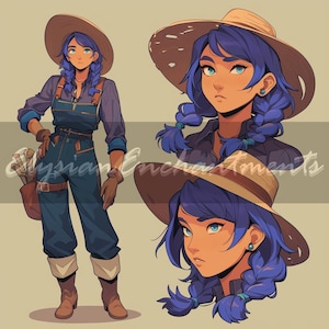 May include: A digital illustration of a woman with blue hair in braids wearing a blue shirt, brown overalls, and a brown hat. She is holding a bundle of papers and a brown bag. The illustration is in a cartoon style.
