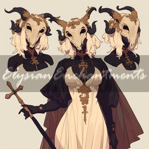 Peut inclure: Illustration d'une figure portant un masque de crâne de chèvre avec des cornes ornées, une robe blanche et une cape noire. La figure tient un bâton surmonté d'une croix. Le texte "Elysian Enchantments" est visible.