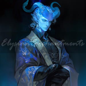 Puede incluir: Ilustración digital de una figura humanoide de piel azul con cuernos curvos y orejas puntiagudas. La figura viste un atuendo azul oscuro con detalles plateados y una túnica estampada. El texto "Elysian Ornaments" está presente.