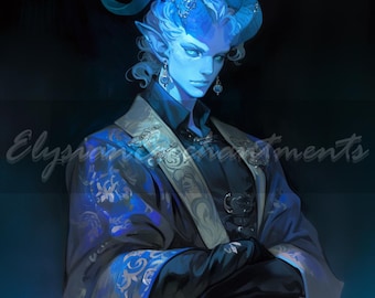 Adoptable - &quot;Zevian&quot; - Blauer Tiefling Cambion Teufel Hörner Satyr männlich, Einzigartiger Original Charakter Rollenspiel Referenz Kunstwerk, BG DND