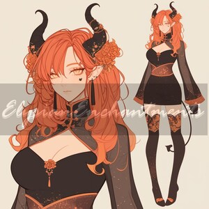 Puede incluir: Ilustración de un personaje con cabello naranja, ojos amarillos y cuernos negros adornados con flores. El personaje lleva un vestido negro con detalles en naranja y una marca en forma de corazón. El texto "Enchantments" está en la esquina inferior izquierda.