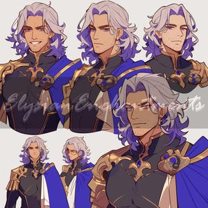 May include: Digital art featuring a character with silver hair and a goatee, wearing a black and gold outfit with a blue cape. The character has multiple expressions. The art style is reminiscent of fantasy illustrations.