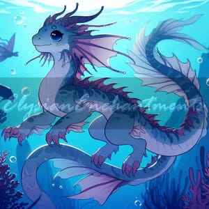 May include: A digital illustration of a blue and purple sea dragon swimming underwater. The dragon has large, expressive eyes, fins, and a long tail. Bubbles and coral are visible in the background. The text "Elyrian Enchantments" is partially visible.