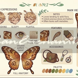 May include: An illustrated character with butterfly wings, displaying different head expressions and anatomy details. Accessories include a satchel and compass. A colour palette is also shown, with a range of earthy tones.