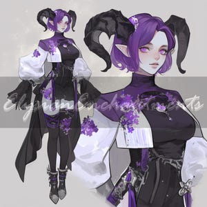 Puede incluir: Ilustración de un personaje con cabello morado, cuernos y orejas puntiagudas, vistiendo un atuendo blanco y negro con detalles florales morados. El atuendo incluye un vestido, capa y botas. El texto "Elysian Enchantments" es visible.