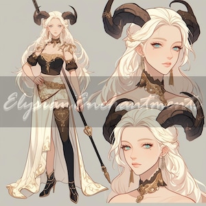 Puede incluir: Ilustración de una mujer con largo cabello blanco y ojos azules, adornada con grandes cuernos negros. Viste un vestido negro y dorado, una falda larga blanca y sostiene un bastón. La imagen tiene un tema de fantasía.