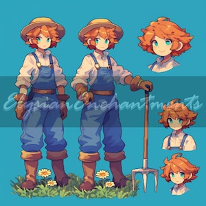 May include: A cartoon illustration of a person wearing a straw hat, white shirt, blue overalls, and brown boots. The person is holding a pitchfork and standing in a field of flowers. The illustration is in a pixelated style.