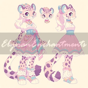 Puede incluir: Ilustración de un personaje de guepardo con un vestido rosa y morado con una faja azul y zapatos a juego. El guepardo tiene manchas, una nariz rosa y ojos azules. También se muestra un retrato más pequeño del guepardo.