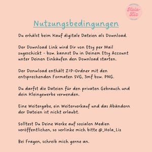Puede incluir: Una hoja informativa de descarga digital con el t&iacute;tulo "Nutzungsbedingungen" en azul claro. El texto explica los t&eacute;rminos de uso de los archivos digitales, incluidas las instrucciones de descarga, los usos permitidos y las restricciones. El logotipo de Hola-Liz Designs est&aacute; en la esquina superior derecha.